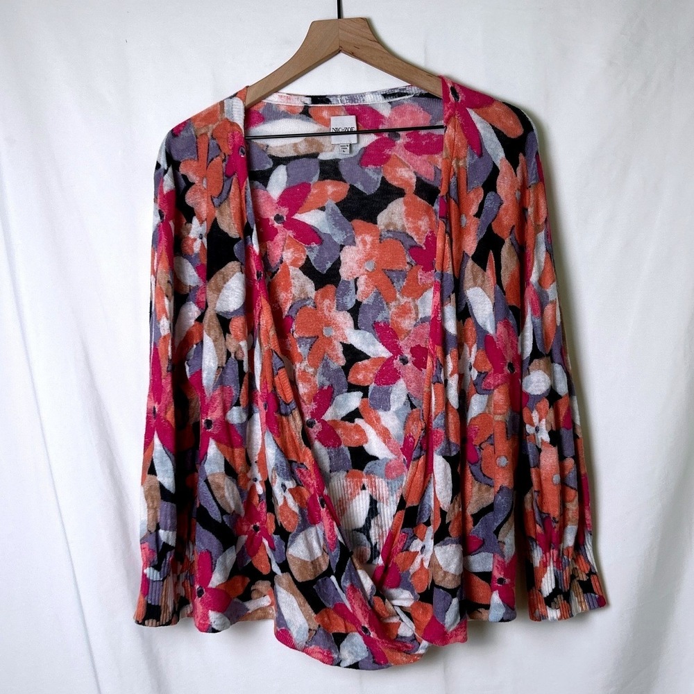 NIC+ZOE Womens Floral Print Linen Blend Wrap 4-Way Cardigan Size L Multicolor